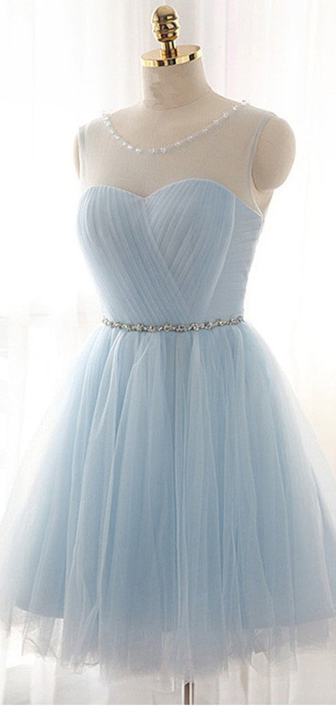 Pretty Light Blue Round Neck Tulle A Line Short Homecoming Dress, BTW259
