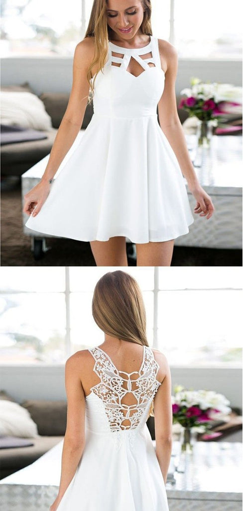 Simple White Lace Round Neck A Line Short Homecoming Dress, BTW239