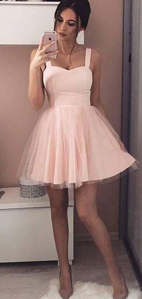 Simple Sweetheart Light Pink Tulle A Line Short Homecoming Dress, BTW167