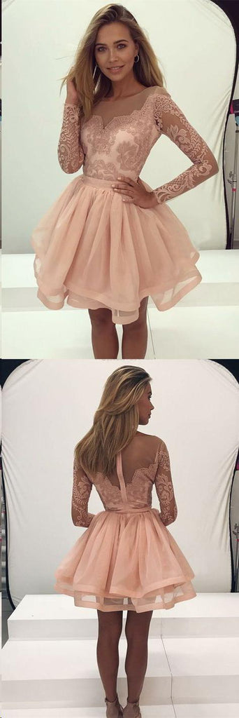 Affordable Long Sleeves Lace Top A Line Mini Short Homecoming Dress, BTW145