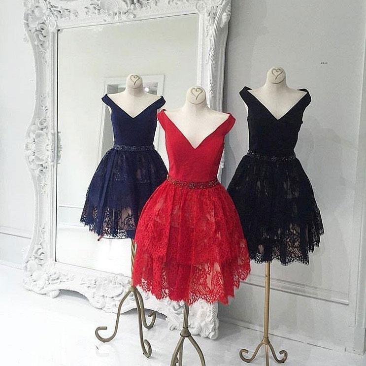 Simple Off Shoulder V Neck Lace A Line Short Homecoming Dress, BTW158