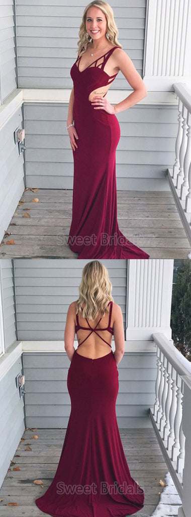 Unique Burgundy Sweet Heart Backless Sweep Train Evening Prom Dresses, SW0054