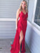 Gorgeous Red Spaghetti Strap V-Neck Side Slit Open Back Sweep Train Evening Prom Dresses, SW0057