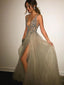 A-line Deep V-neck Backless Split Sweep Train Rhinestone Top Grey Long Evening Prom Dresses, SW0001