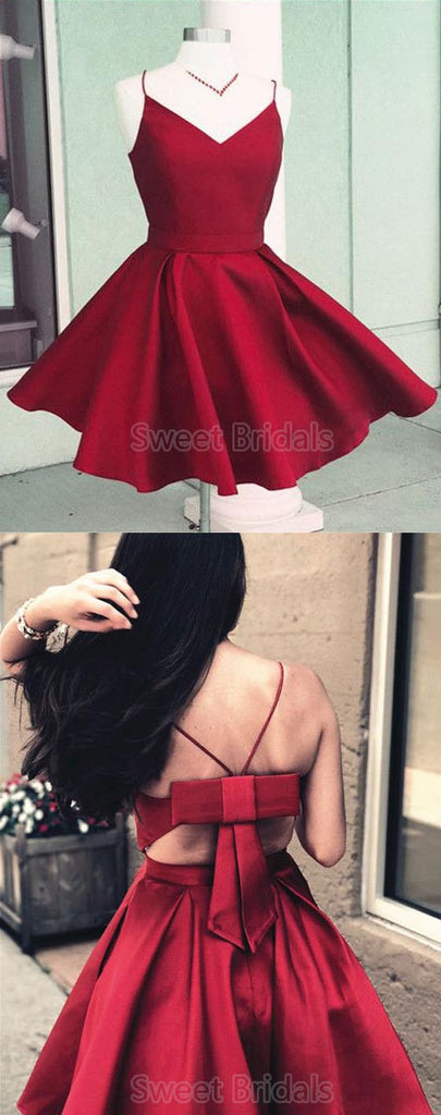 Pretty Burgundy Spaghetti Strap V-Neck Short Homecoming Dresses, SW0024