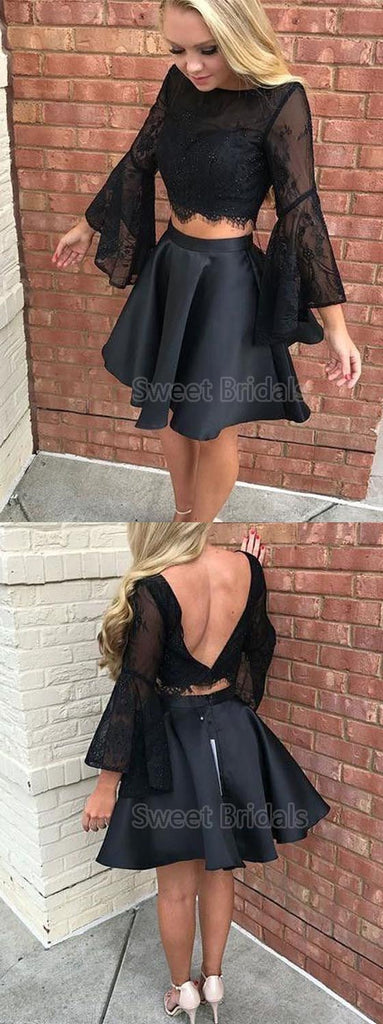 Pretty Black Two Pieces Lace Top Long Sleeves Short Homecoming Dresses, SW0022