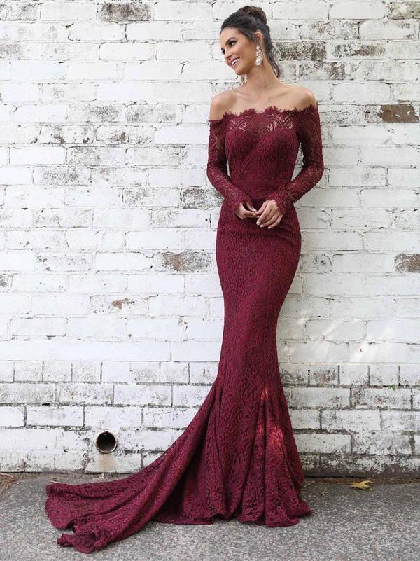 Long Sleeves Lace Maroon Mermaid Off-the-shoulder Prom Dresses DPB132 sweetbridals Long Sleeves Lace Maroon Mermaid Off-the-shoulder Prom Dresses DPB132 sweetbridals