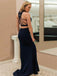 2 Pieces Navy Blue Halter Lace Top Backless Side Slit Long Evening Prom Dresses, BW0605