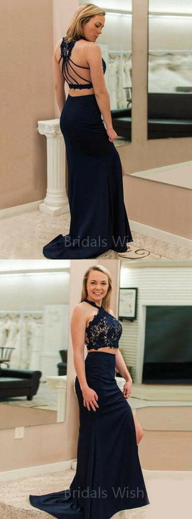 2 Pieces Navy Blue Halter Lace Top Backless Side Slit Long Evening Prom Dresses, BW0605