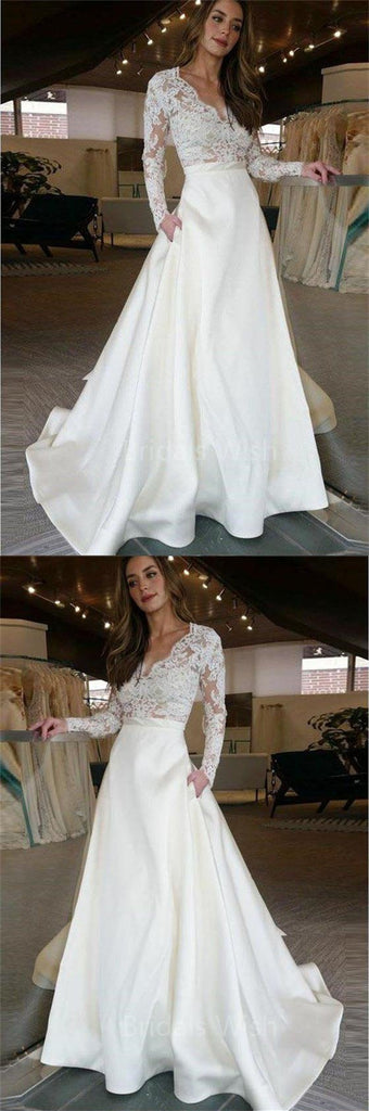 Cheap Lace Top V-Neck Long Sleeves Wedding Prom Dresses, BW0590