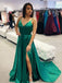Elegant Green Spaghetti Strap V-Neck Side Slit Sweep Train Evening Prom Dresses, SW0032