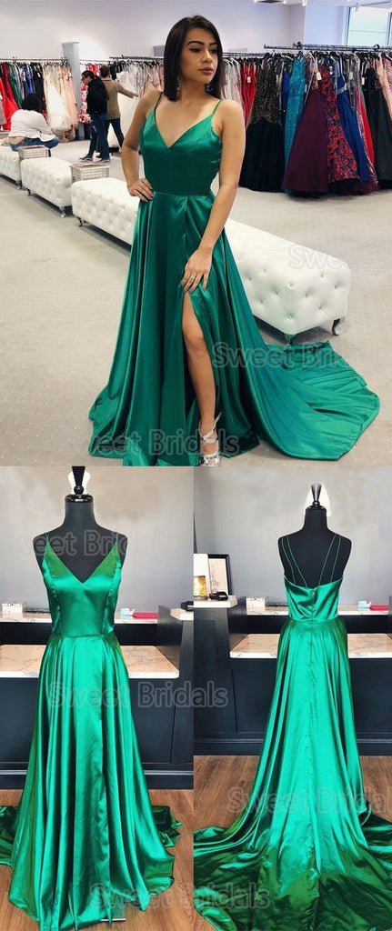 Elegant Green Spaghetti Strap V-Neck Side Slit Sweep Train Evening Prom Dresses, SW0032