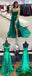 Elegant Green Spaghetti Strap V-Neck Side Slit Sweep Train Evening Prom Dresses, SW0032