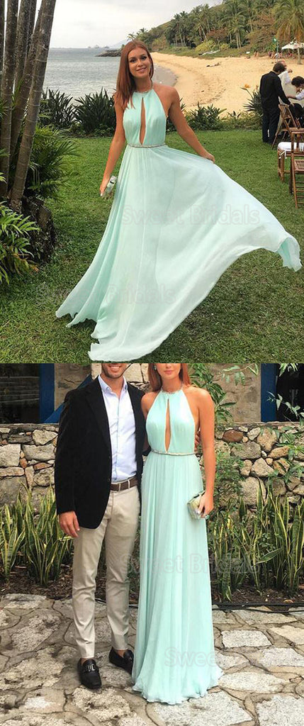 Chic Mint Green Halter Backless Floor Length Evening Prom Dresses, SW0029