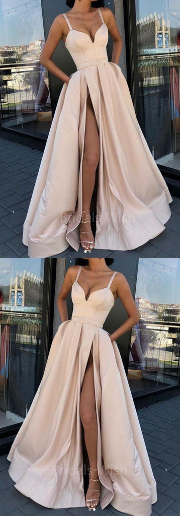 Unique Spaghetti Strap V-Neck Side Slit Long Evening Prom Dresses, BW0611