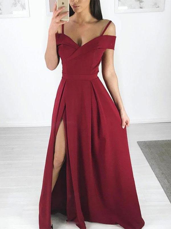 Charming Burgundy Spaghetti Strap Off the Shoulder Side Slit Long Evening Prom Dresses, BW0598