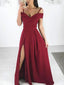 Charming Burgundy Spaghetti Strap Off the Shoulder Side Slit Long Evening Prom Dresses, BW0598