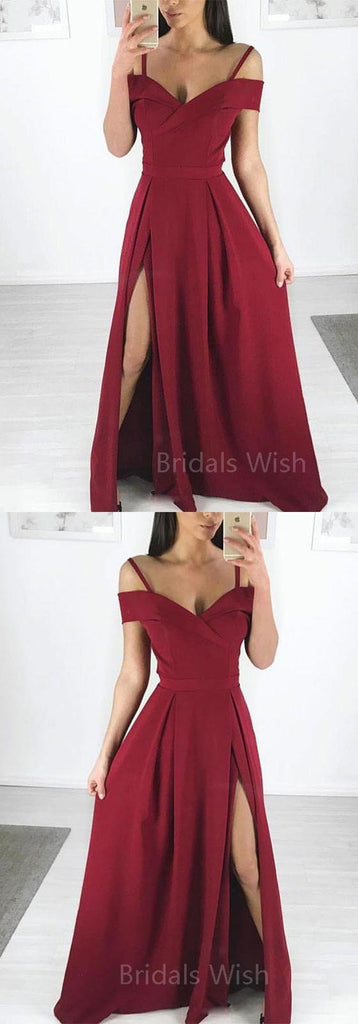 Charming Burgundy Spaghetti Strap Off the Shoulder Side Slit Long Evening Prom Dresses, BW0598