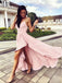 Pink Spaghetti Strap V-Neck High-Low Long Evening Prom Dresses, BW0610