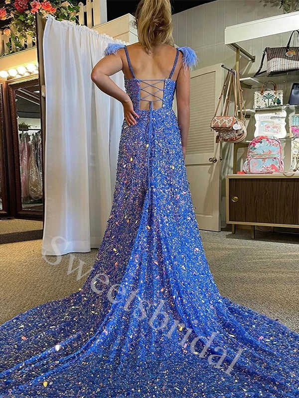 Elegant V-neck Sleeveless Side slit A-line Prom Dresses,SW1892