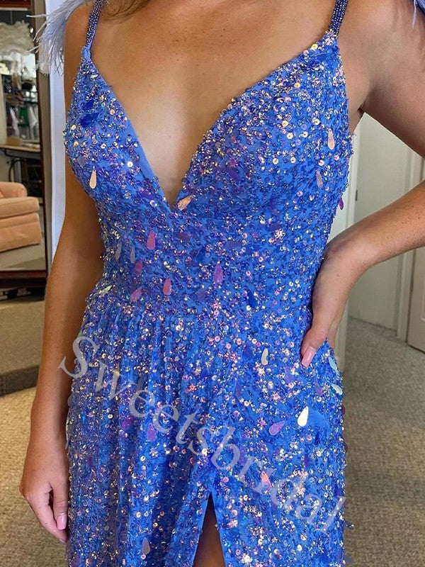 Elegant V-neck Sleeveless Side slit A-line Prom Dresses,SW1892