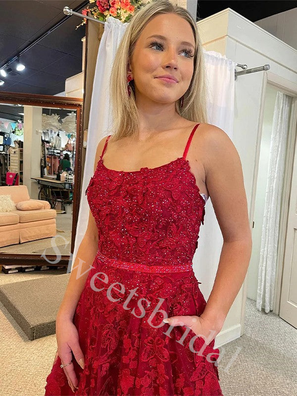 Elegant Square Sleeveless Side slit A-line Prom Dresses,SW1898