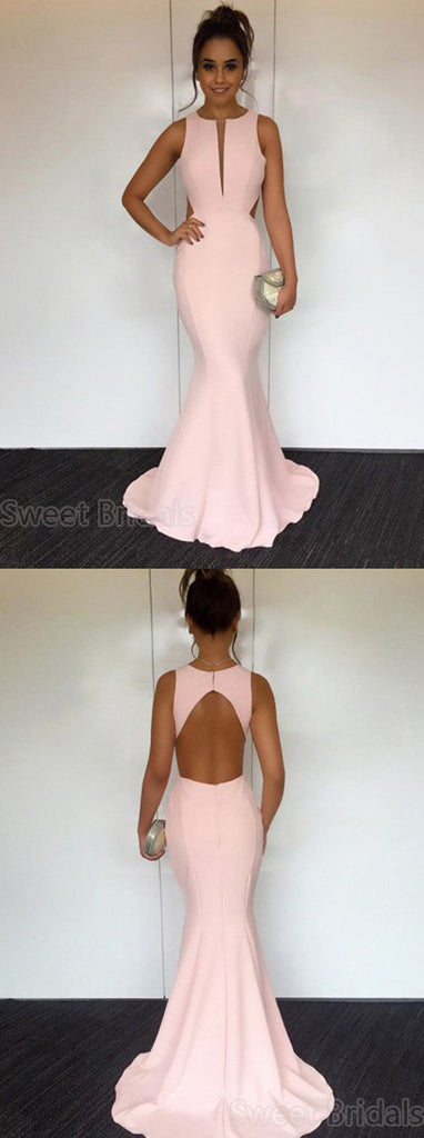 Elegant Pink Sleeveless Mermaid Open Back Sweep Train Evening Prom Dresses, SW0059