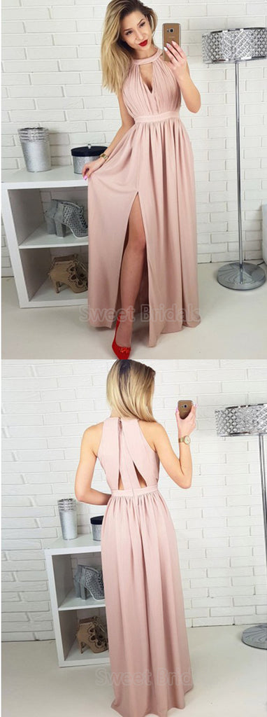 Gorgeous Pink Halter Key Hole Side Slit Unique Back Design Long Evening Prom Dresses, SW0060