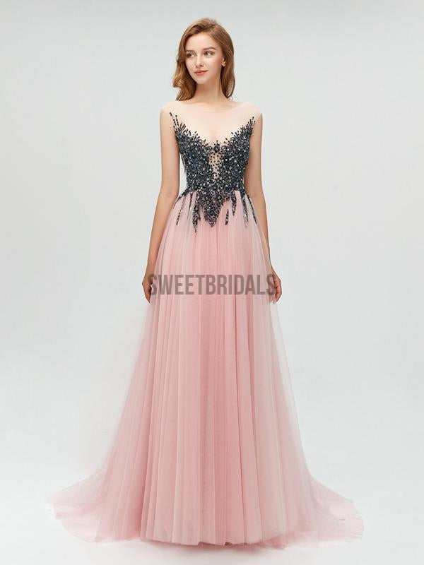Fashion Round Neck A-line With Beads Long Prom Dresses, MD610