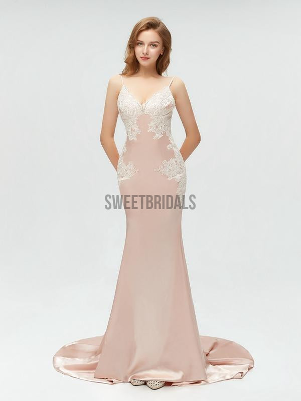 Simple V Neck Lace Applique Backless Mermaid Long Prom Dresses, MD602
