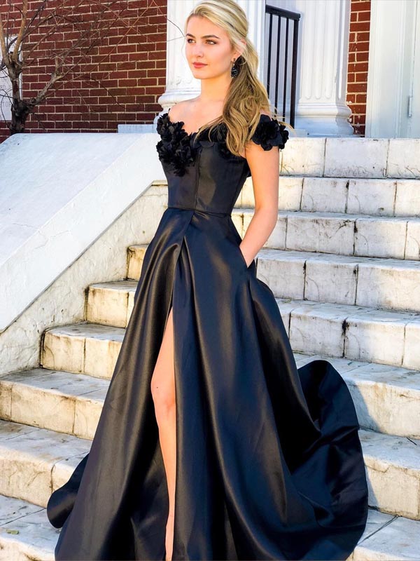 Chic Off Shoulder Black Satin Applique Long Evening Prom Dresses, PD00 sweetbridals Chic Off Shoulder Black Satin Applique Long Evening Prom Dresses, PD00 sweetbridals