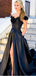 Chic Off Shoulder Black Satin Applique Long Evening Prom Dresses, PD0030
