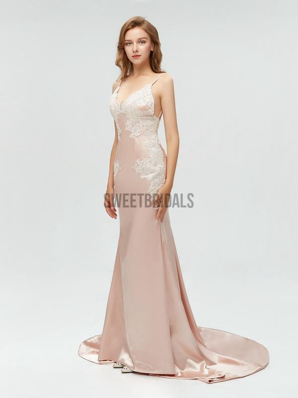 Simple V Neck Lace Applique Backless Mermaid Long Prom Dresses, MD602
