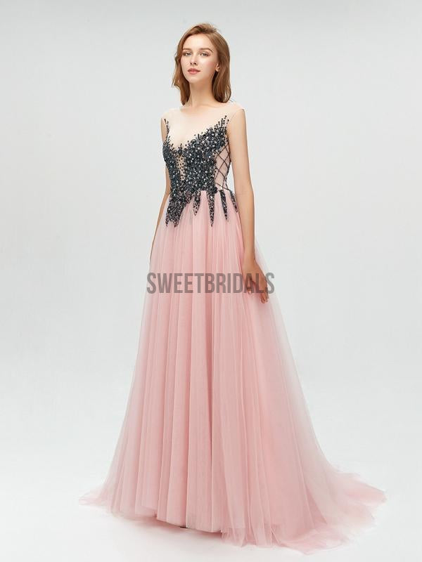 Fashion Round Neck A-line With Beads Long Prom Dresses, MD610