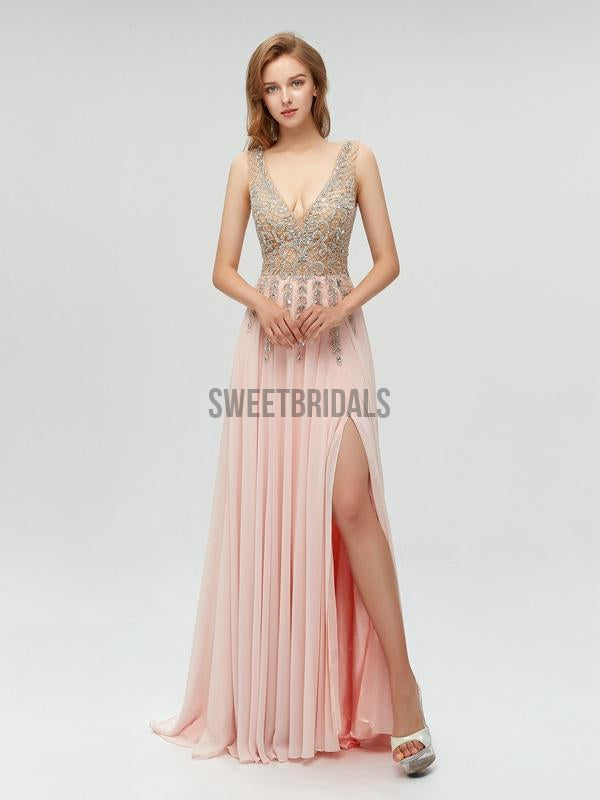 Sexy V Neck Chiffon V Neck A-line With Beads Long Prom Dresses, MD609