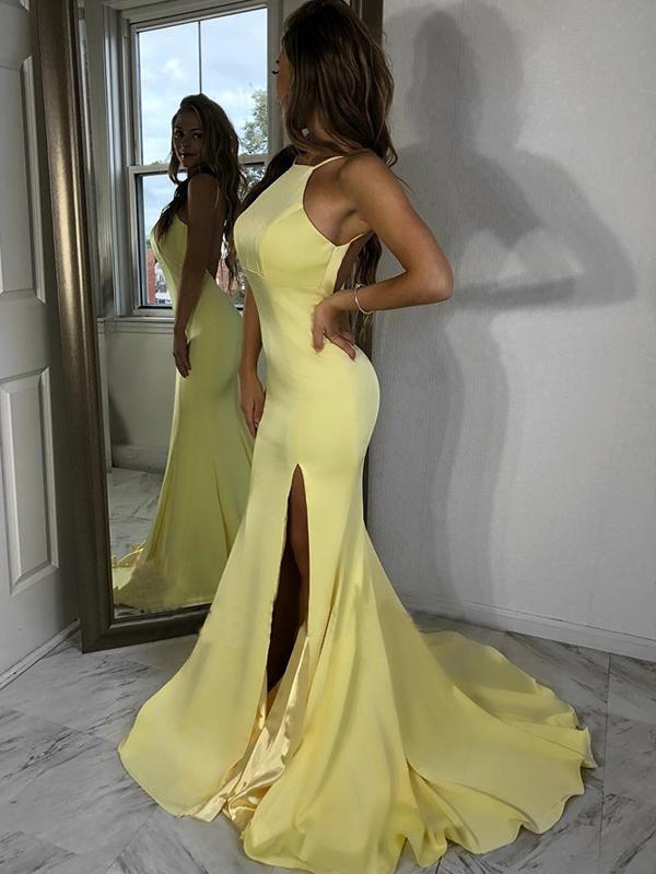 Yellow Floral Lace Backless Mermaid Long Prom Gown with Slit