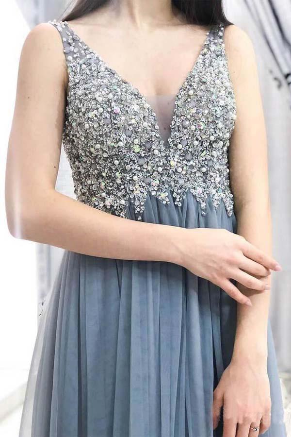 Sleeveless Beaded Tulle A Line Floor Length Long Evening Prom Dresses, PD0026