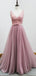 Elegant V Neck Open Back Tulle A Line Beaded Long Evening Prom Dresses, PD0028
