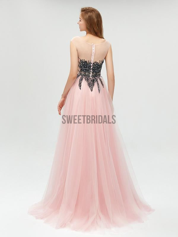 Fashion Round Neck A-line With Beads Long Prom Dresses, MD610