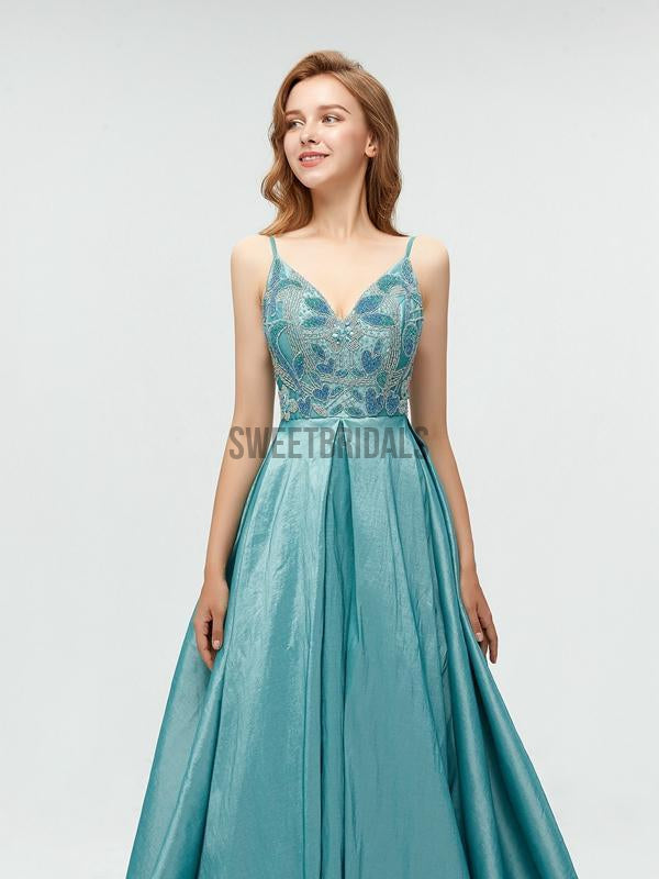 Unique Taffeta Backless A-line Long Prom Dresses With Beads,MD603