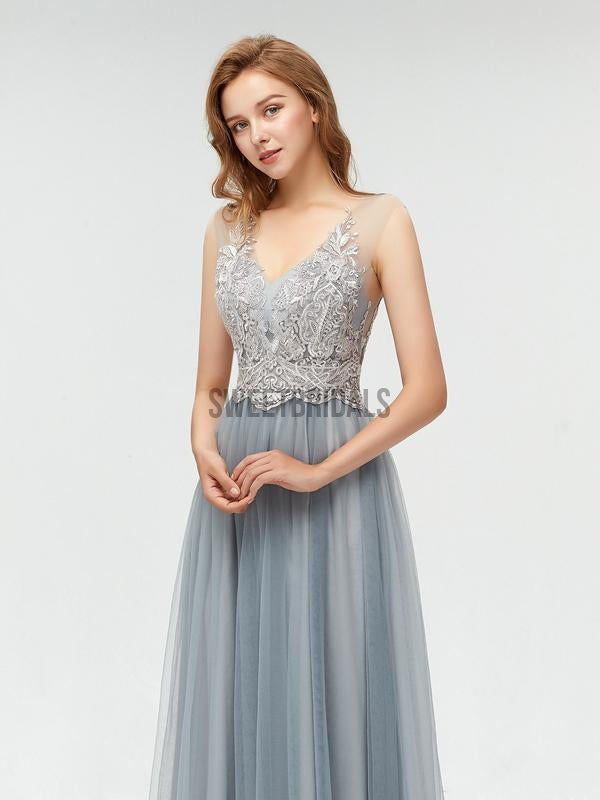 Elegant V Neck Lace Top Tulle A-line Floor Length Long Prom Dresses, MD606