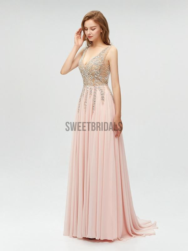 Sexy V Neck Chiffon V Neck A-line With Beads Long Prom Dresses, MD609