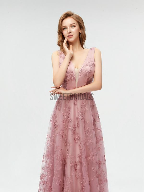 Pretty Deep V Neck Backless A-line Lace Long Prom Dresses, MD604