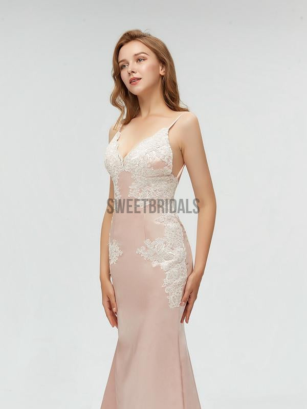 Simple V Neck Lace Applique Backless Mermaid Long Prom Dresses, MD602