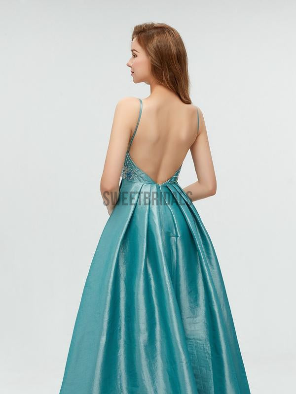 Unique Taffeta Backless A-line Long Prom Dresses With Beads,MD603
