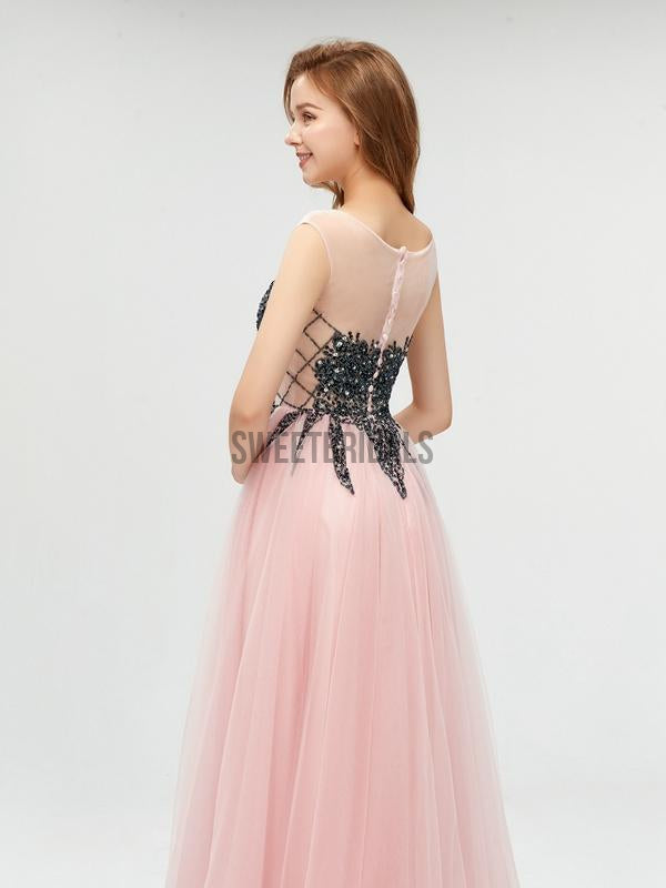Fashion Round Neck A-line With Beads Long Prom Dresses, MD610