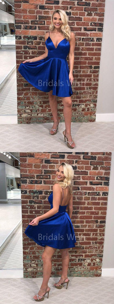 Pretty Royal Blue Spaghetti Strap V-Neck Short Homecoming Dresses, SW0027