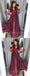 Gorgeous Burgundy Lace Top Long Sleeves Side Slit Long Evening Prom Dresses, SW0065
