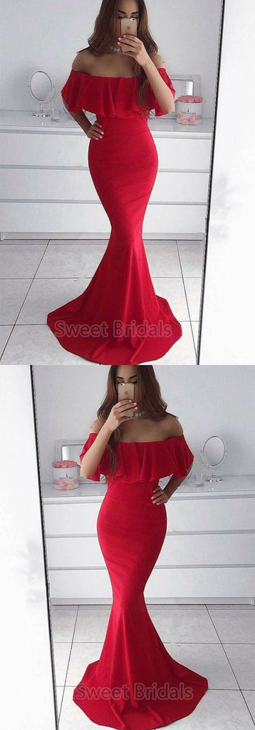 Charming Red Off the Shoulder Mermaid Long Evening Prom Dresses, SW0071