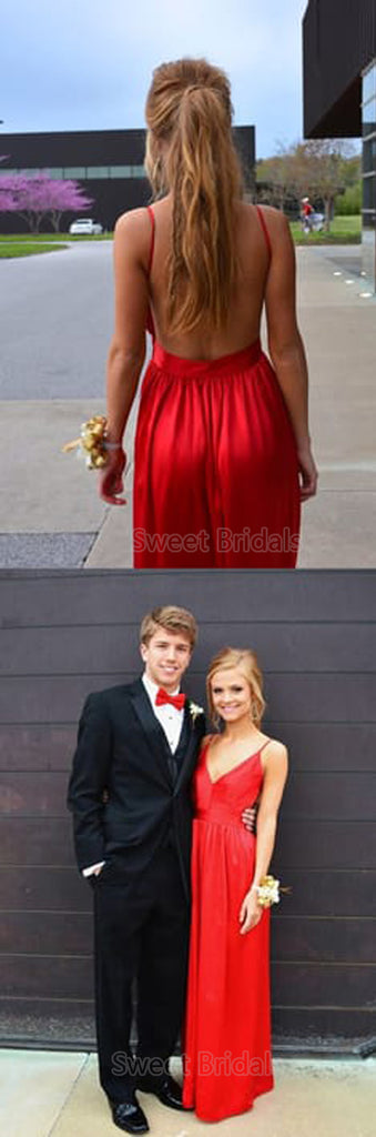 Elegant Red Spaghetti Strap V-Neck Open Back Floor Length Evening Prom Dresses, SW0077